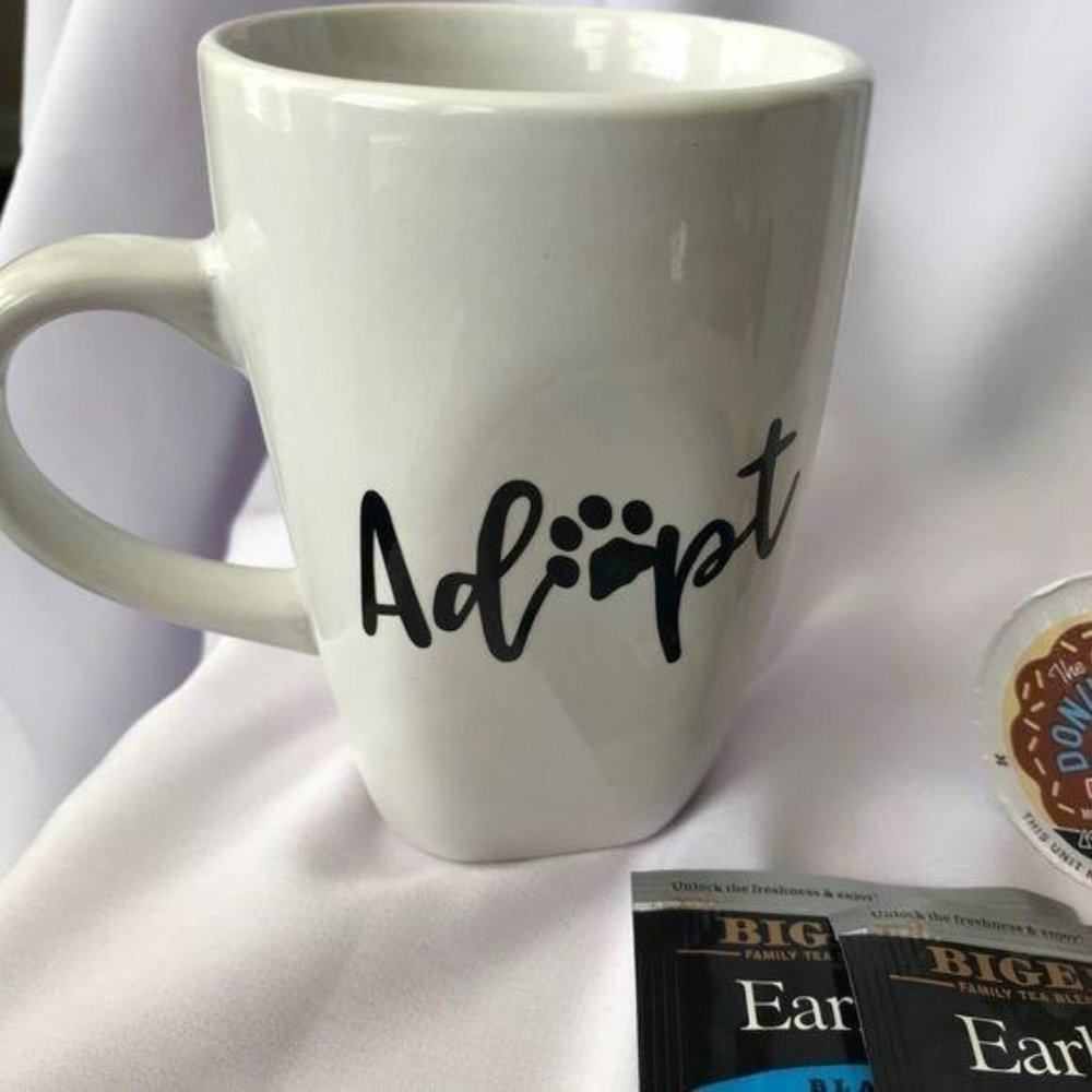 White Adopt Coffee Tea Mug Cup Black Script Paw Print Fur Mom Dad Pet Dog Cat